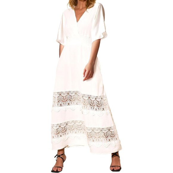 Dresses & Skirts - Women's Boho Maxi Dress Short Sleeve V Neck Flowy with Pockets for Wedding